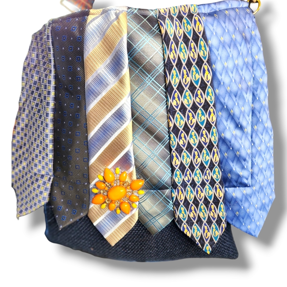 Handmade crossbody burlapnecktie purse.